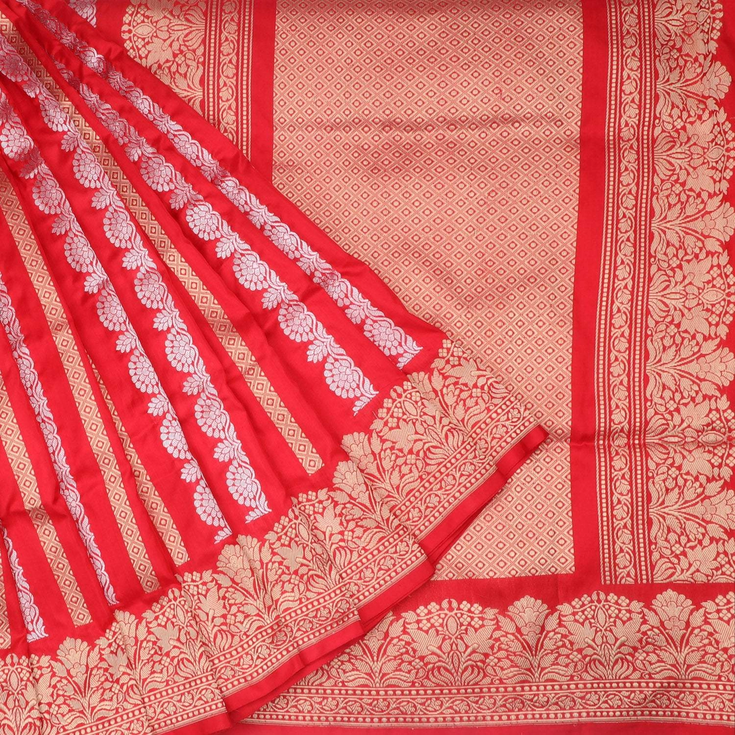 Vibrant Red Banarasi Silk Saree With Floral Stripes Pattern