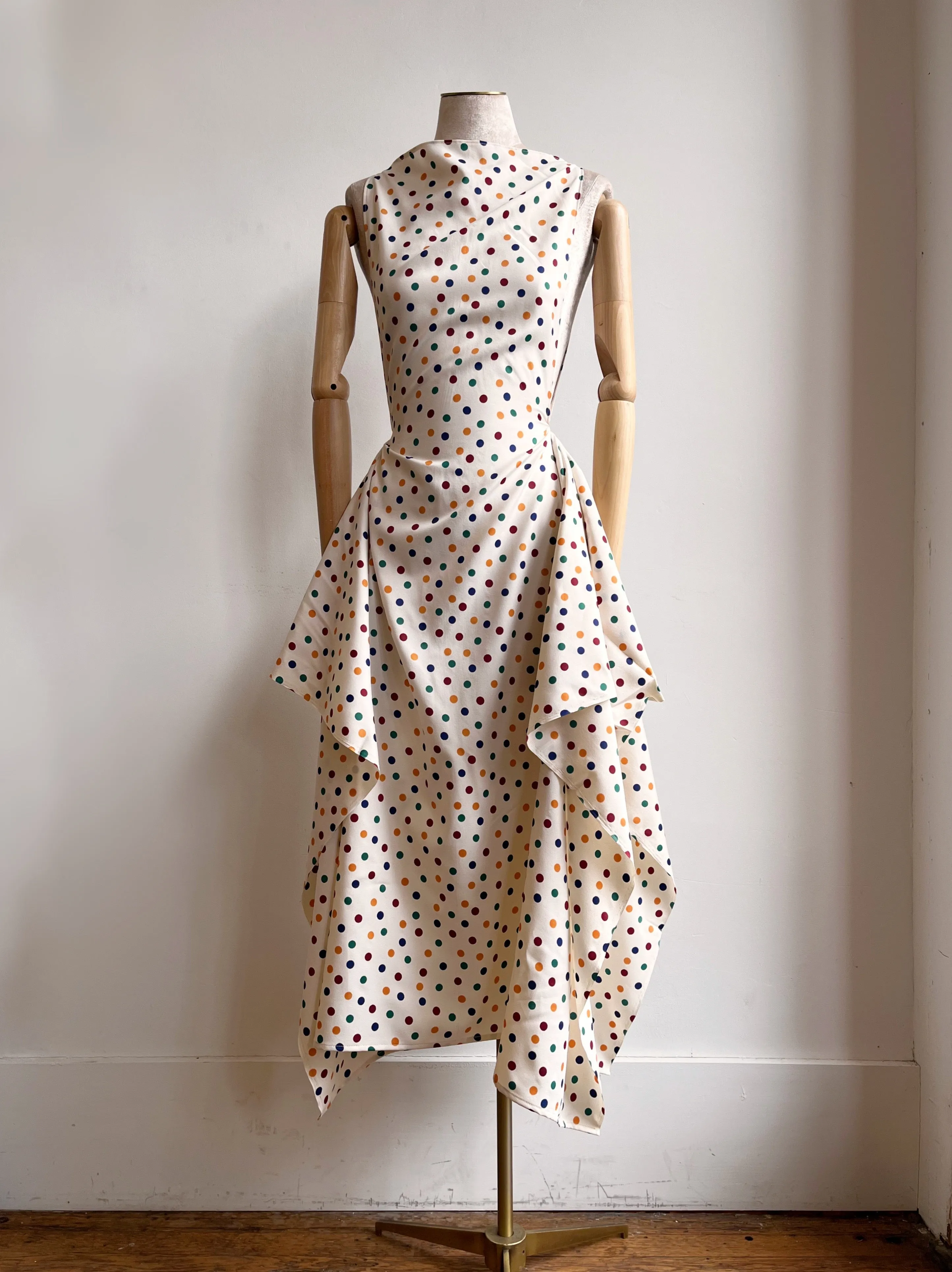 Zero-Waste Cream & Polka Dot Print Dress